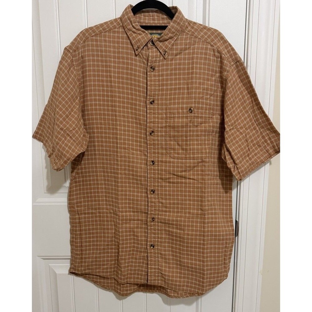 Vintage Cabela Rust Brown Orange Mens Short Sleeve Button Down Shirt 100% Cotton